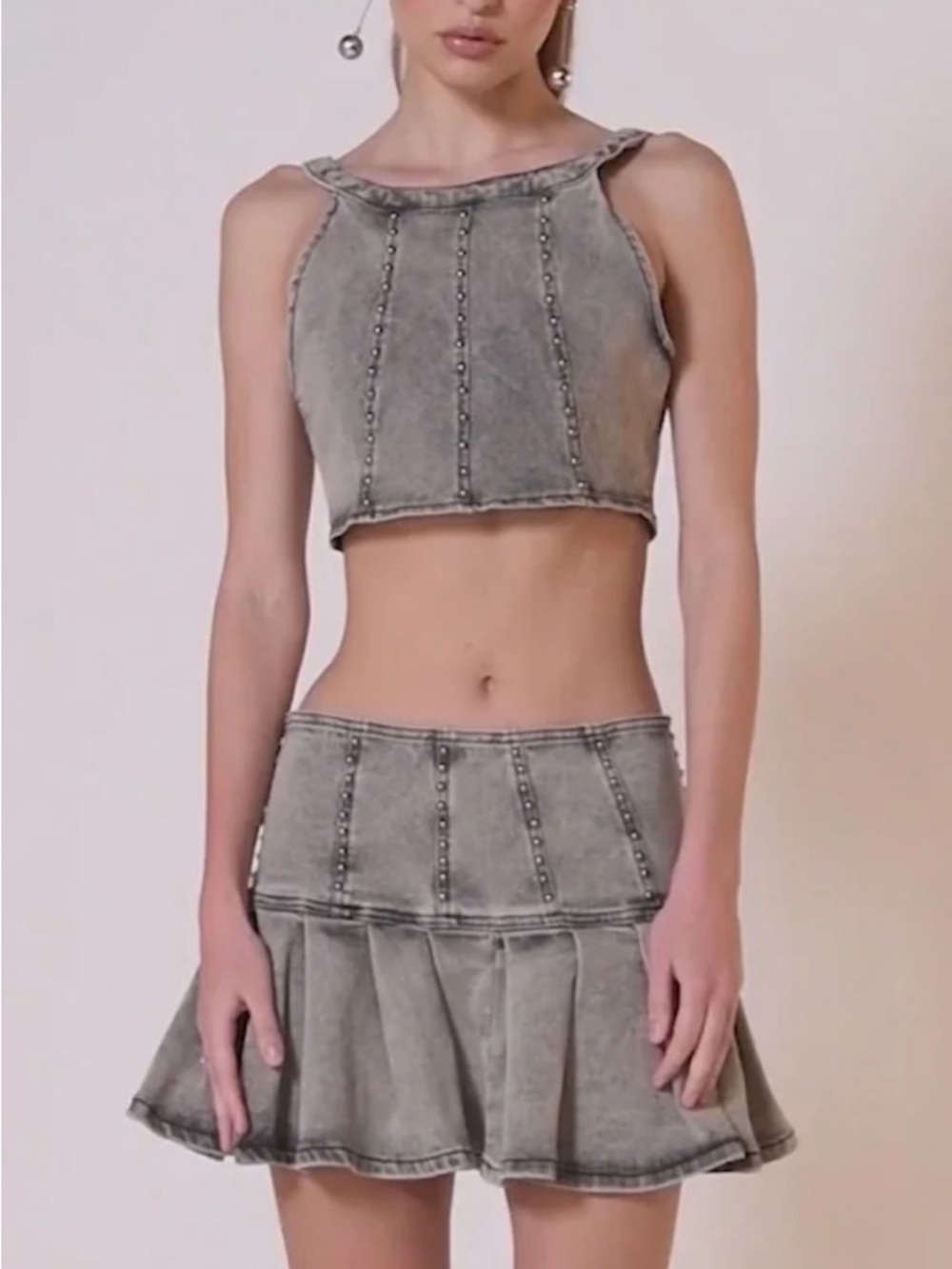 AKIRA Washed Gray Studded Cropped Tank Top & skirt